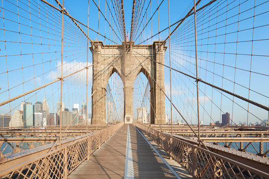 Empty Brooklyn Bridge, central perspective in the morning, New York