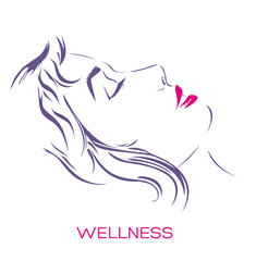 Beautiful woman profile portrait, spa and wellness logo, ink strokes vector illustration isolated on white