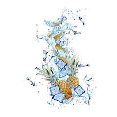 Obraz premium Water splash with pineapple isolated on white background. Splash motion with fruits. Abstract object 