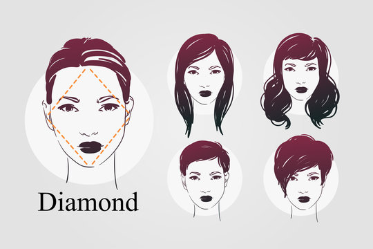 Vector set beautiful women icon portraits with differnt haircut for diamond type of faces. Hand drawn illustration.