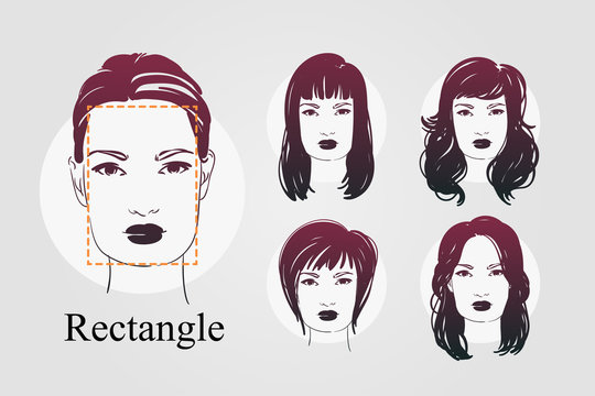 Vector set beautiful women icon portraits with differnt haircut for rectangle type of faces. Hand drawn illustration.