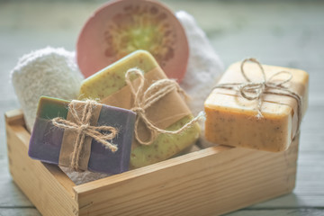 Fototapeta na wymiar handmade soap in wooden box