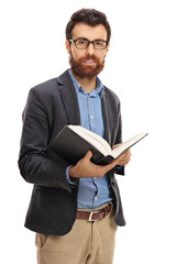 Bearded man holding a book isolated on white background