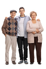 Two seniors and a young man posing together