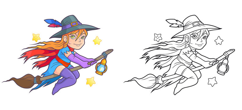 cute little witch flying on her broomstick