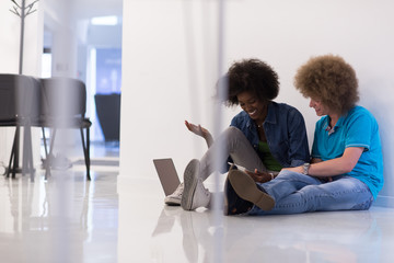 multiethnic couple sitting on the floor with a laptop and tablet