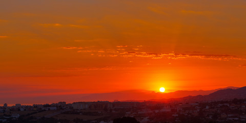 Amazing Sunset Sunrise Over Dark Mountain Silhouette