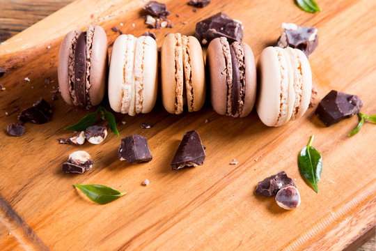 A french sweet delicacy, macaroons variety closeup.