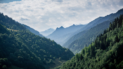Obraz premium Ushguli, Georgia - August 2015: Small village looking at Greater Caucasus mountains in Ushguli region, Georgia