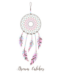 American Indians amulet. Dream catcher with feathers and beads on a white background. Boho style.