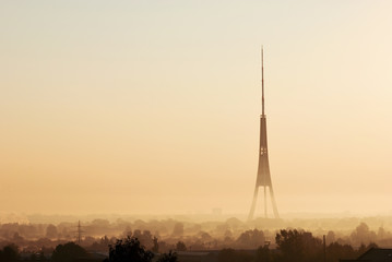 Fototapeta na wymiar Amazing view of Riga Radio and TV Tower during the sunrise, Latvia