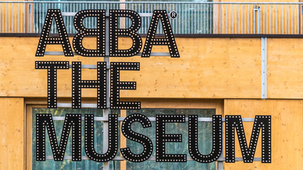 Stockholm, Sweden - October 28, 2016: ABBA the Museum sign at entrance - obrazy, fototapety, plakaty