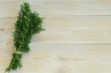 Bunch of fresh rosemary with purple flowers on a white background. Aromatic and medical herbs concept.Copy space