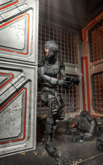 Futuristic soldier in gunfight © Luca Oleastri