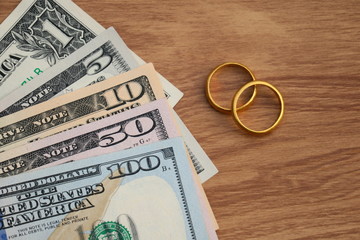 Golden wedding rings on Dollar banknotes cash background. Marriage of convenience