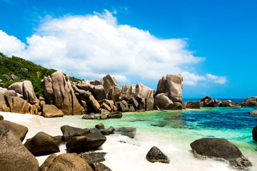 Fototapeta na wymiar Anse Marron, a secret beach in La Digue Island, Seychelles
