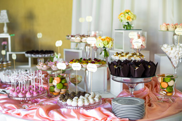 Bowl with green and orange macaroons and plate with pink balls s
