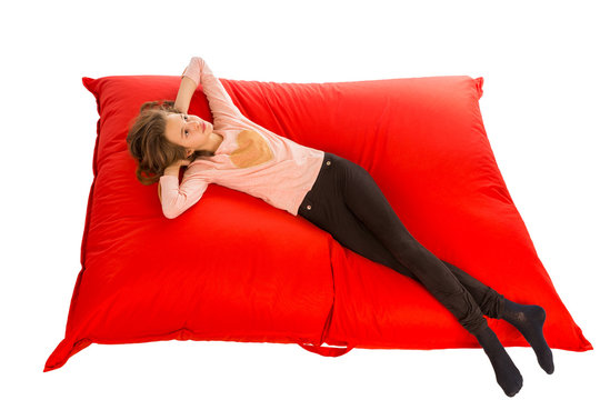 Dreaming Girl Lying On Red Beanbag Sofa For Living Room Or Other