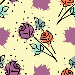 Vector seamless floral pattern with flowers, leaves, decorative elements, splash, blots, drop Hand drawn contour lines and strokes Doodle sketch style, graphic vector drawing illustration