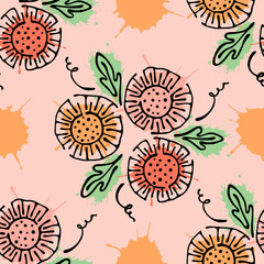 Vector seamless floral pattern with flowers, leaves, decorative elements, splash, blots, drop Hand drawn contour lines and strokes Doodle sketch style, graphic vector drawing illustration