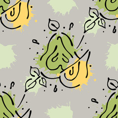 Vector fruits seamless pattern. Pear with leaves, decorative elements, blots, drops, splash Hand drawn contour lines and strokes Doodle sketch style, graphic vector drawing illustration