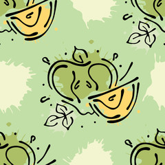 Vector fruits seamless pattern. Apple with leaves, decorative elements, blots, drops, splash Hand drawn contour lines and strokes Doodle sketch style, graphic vector drawing illustration