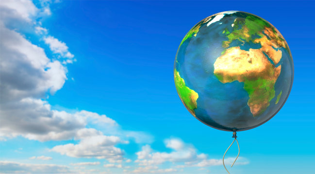 Erde als Luftballon steigt in den Himmel