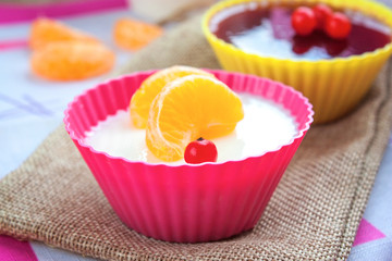 Panna Cotta and fruit jelly selective focus