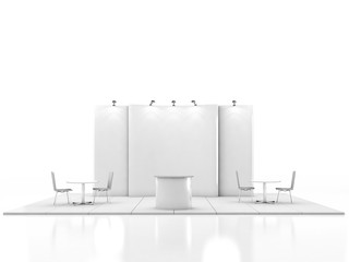 Blank creative exhibition stand design with color shapes. Booth template. 3D render