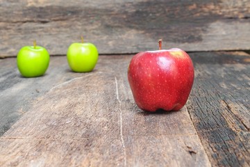 Red Apple Close up, on wooden background and copy space.