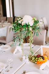 Flowers Of Roses And Peonies On Table. Decoration For Wedding Celebration