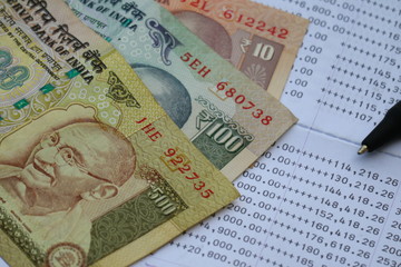 Indian rupee banknote on bank statement, saving investment concept