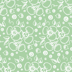 Seamless vector hand drawn floral pattern. background with flowers, leaves. Decorative cute graphic line drawing illustration. Print for wrapping, background, fabric, decor, textile, surface
