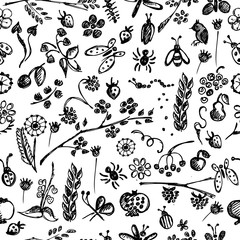 Seamless vector pattern, background with hand drawn cute insects, animals, fruits, flowers, leaves, decorative elements Hand sketch line drawing. doodle style Series of Hand Drawn seamless Patterns.