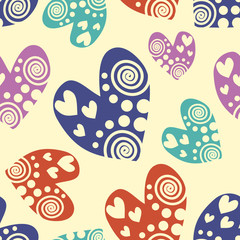 Seamless vector pattern with hearts. Background with hand drawn ornamental symbols. Template for wrapping, decor, surface, cards, backgrounds, textile, print. Decorative repeat ornament.