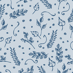 Seamless vector pattern, hand drawn background with flowers, branch, leaves, dots. Hand sketch drawing. Doodle funny style. Series of Hand Drawn seamless childish Patterns.
