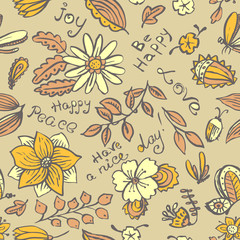 Vector floral seamless pattern with butterfly and dragonfly in doodle style