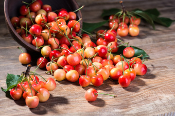 Fragrant and ripe cherries in a plate on a wooden background. selective focus