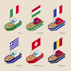 Set of isometric 3d ships with flags of European countries. Cartoon vessels with standards - France, Romania, Hungary, Italy, Switzerland, Greece. Sea transport icons for infographics.
