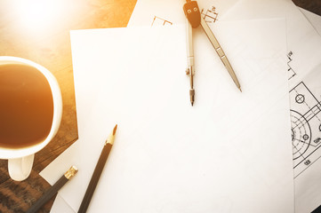 Workplace of Designer. White sheet, Circinus