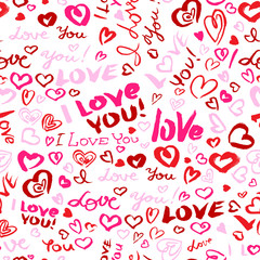 Valentine's day or wedding seamless pattern with hearts and I Love you lettering