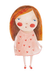 Girl in pink dress with hearts. Hand drawing watercolor illustration
