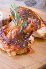 Fried chicken on wooden board