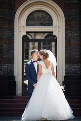 Shiny newlyweds kiss before the tall entrance to an old house