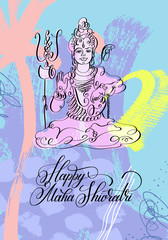 Happy Maha Shivratri black and white line art greeting card desi