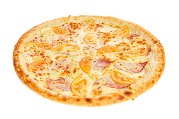 Delicious classic italian Pizza with ham, tomatoes and cheese