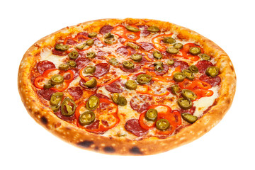 Delicious classic italian Burning Pizza with sausages, pepper, jalapeno sauce and cheese
