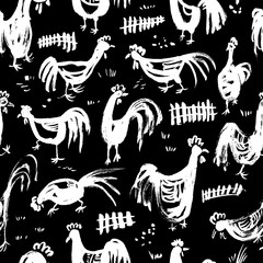 Seamless pattern with roosters. Ink artistic background with cocks