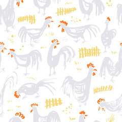 Seamless pattern with roosters. Ink artistic background with cocks