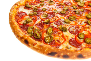 Part of delicious classic italian Burning Pizza with sausages, pepper, jalapeno sauce and cheese